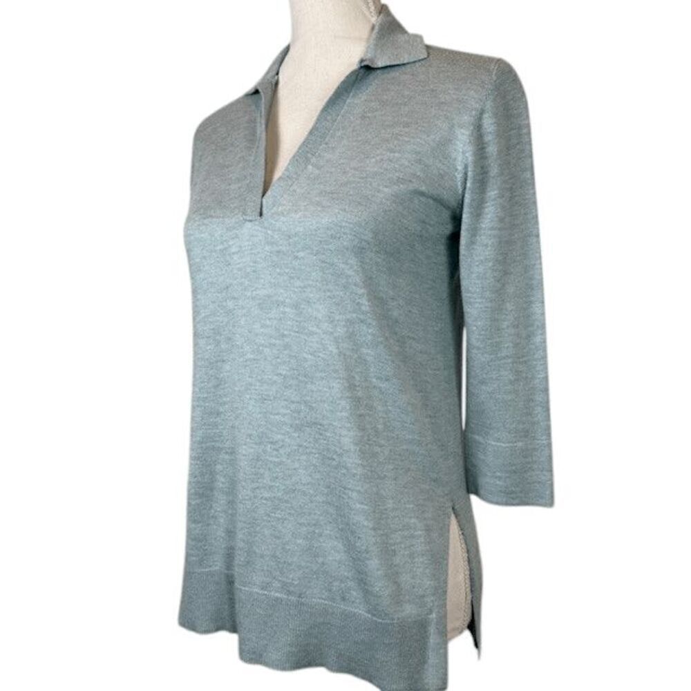 Mango Cashmere 1/2 Sleeve Polo Sweater Tunic Hem Marled Green Size XS